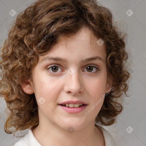 Joyful white child female with medium  brown hair and brown eyes