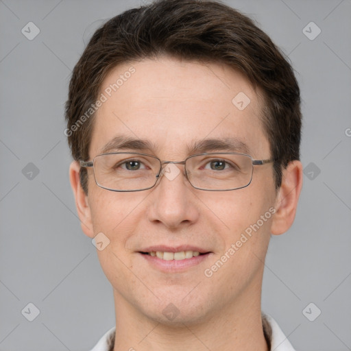 Joyful white adult male with short  brown hair and brown eyes