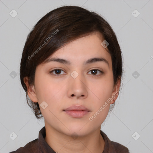 Neutral white young-adult female with medium  brown hair and brown eyes