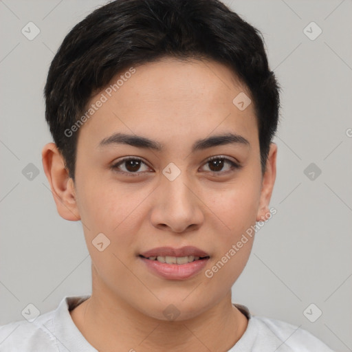 Joyful white young-adult female with short  brown hair and brown eyes