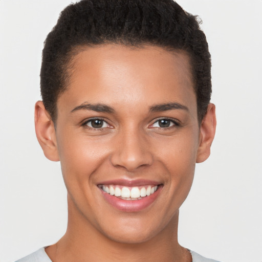 Joyful white young-adult female with short  brown hair and brown eyes