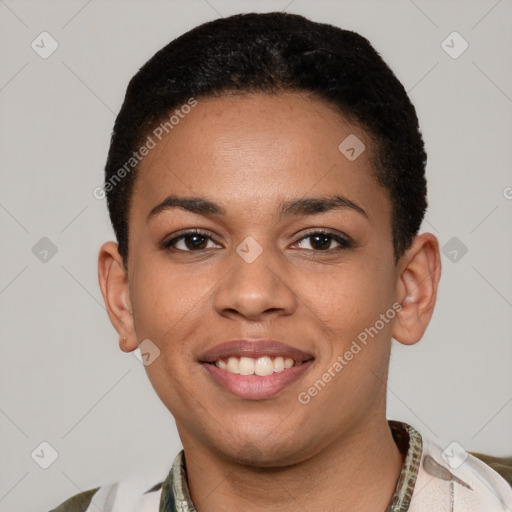 Joyful latino young-adult female with short  brown hair and brown eyes