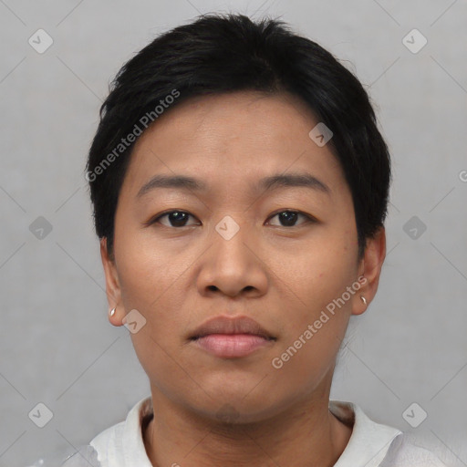 Neutral asian young-adult female with short  black hair and brown eyes