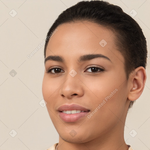 Joyful white young-adult female with short  brown hair and brown eyes