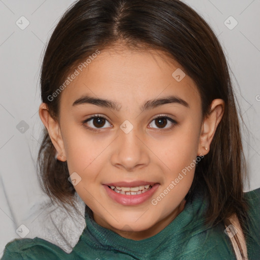 Joyful white child female with medium  brown hair and brown eyes