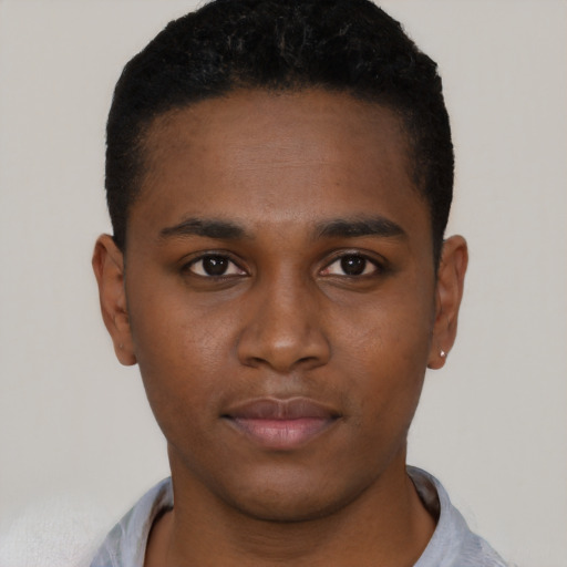 Neutral black young-adult male with short  black hair and brown eyes