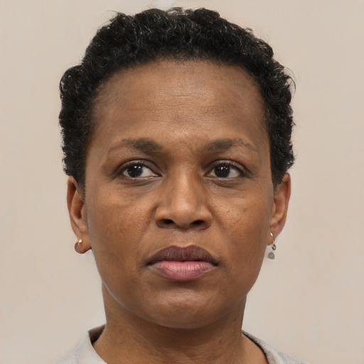 Neutral black adult female with short  brown hair and brown eyes