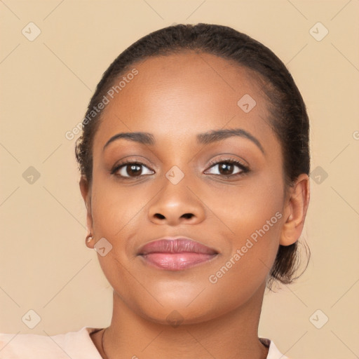 Joyful latino young-adult female with short  brown hair and brown eyes