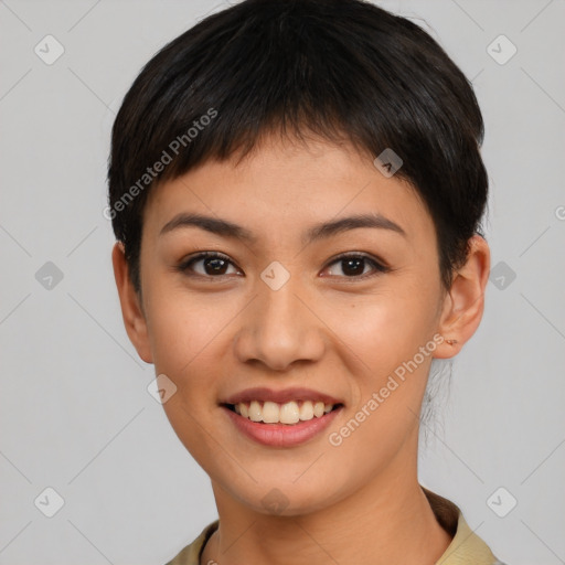 Joyful white young-adult female with short  brown hair and brown eyes