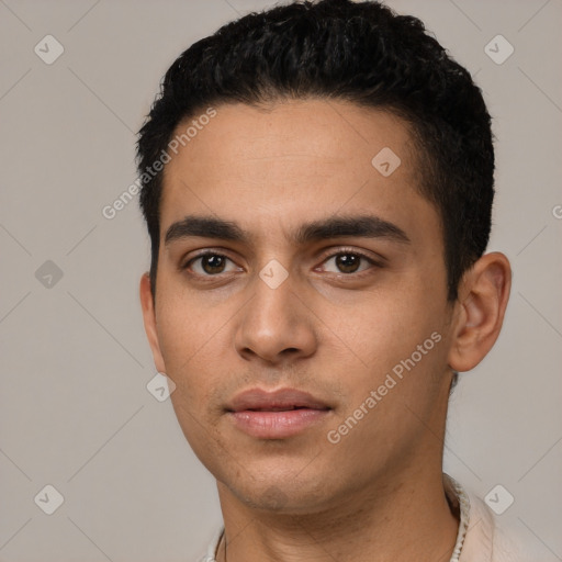 Neutral latino young-adult male with short  black hair and brown eyes