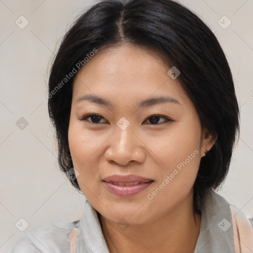 Joyful asian young-adult female with medium  black hair and brown eyes