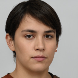 Neutral white young-adult female with short  brown hair and brown eyes