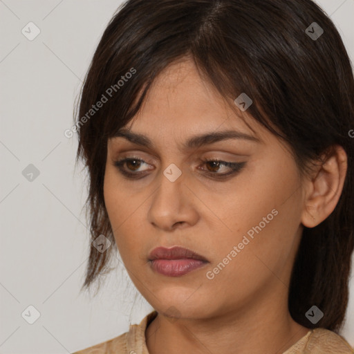 Neutral white young-adult female with medium  brown hair and brown eyes