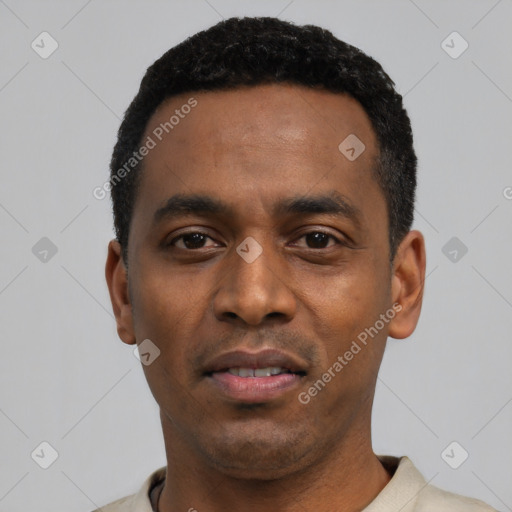 Neutral black young-adult male with short  black hair and brown eyes
