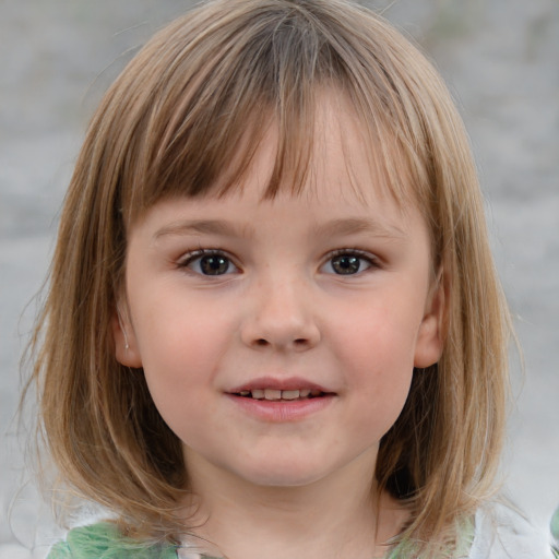 Joyful white child female with medium  brown hair and grey eyes