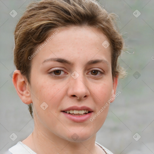 Joyful white young-adult female with short  brown hair and grey eyes