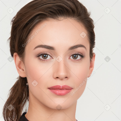 Neutral white young-adult female with short  brown hair and brown eyes