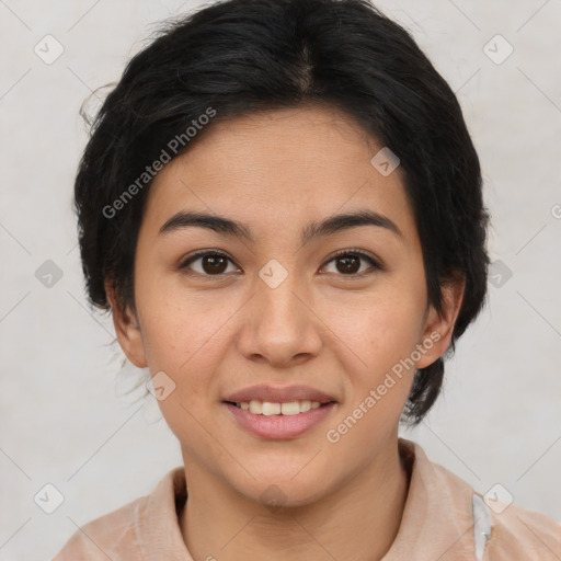 Joyful latino young-adult female with medium  brown hair and brown eyes