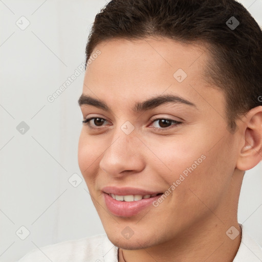 Joyful white young-adult female with short  brown hair and brown eyes