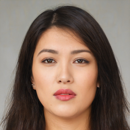 Neutral asian young-adult female with long  brown hair and brown eyes