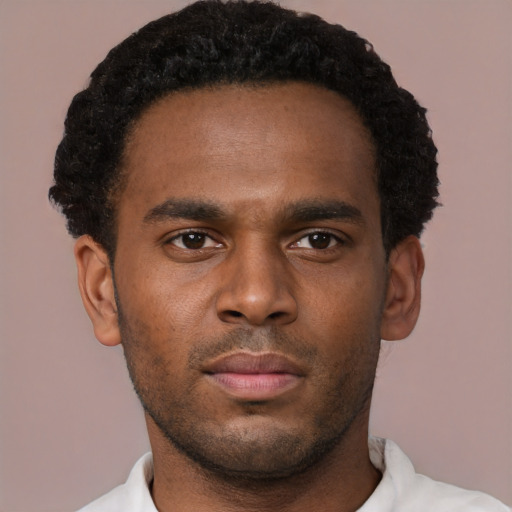 Neutral black young-adult male with short  black hair and brown eyes