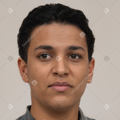 Neutral latino young-adult male with short  brown hair and brown eyes