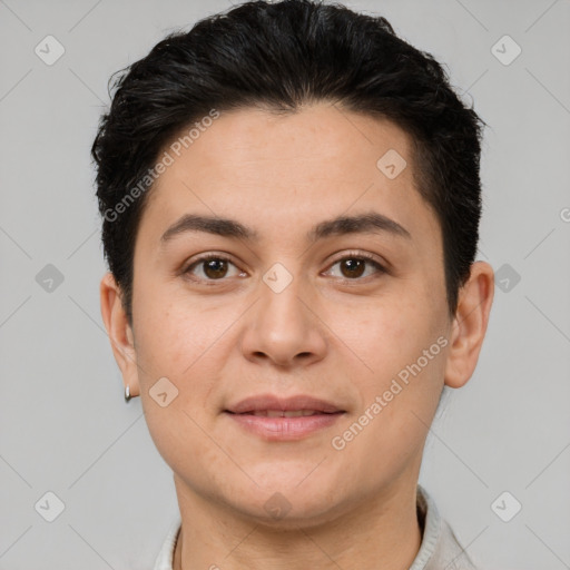 Joyful white young-adult female with short  brown hair and brown eyes