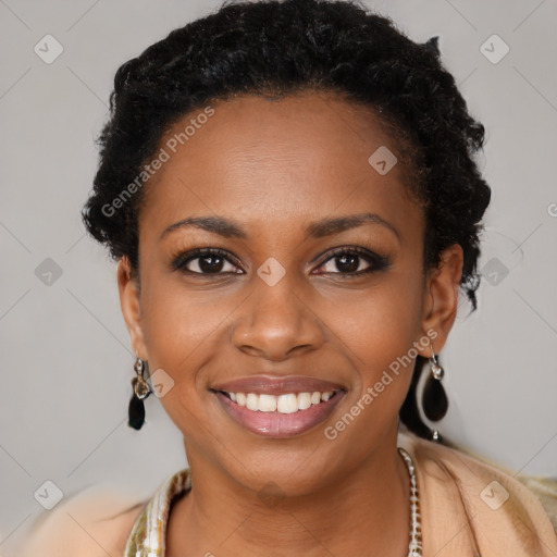 Joyful latino young-adult female with short  black hair and brown eyes