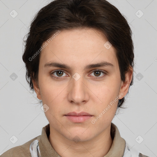 Neutral white young-adult female with short  brown hair and brown eyes