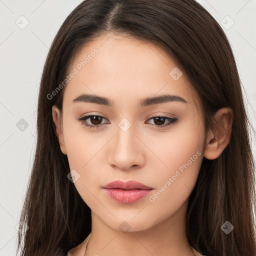 Neutral white young-adult female with long  brown hair and brown eyes