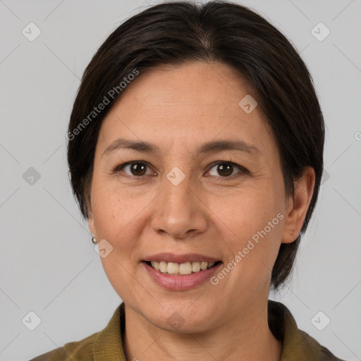 Joyful white adult female with medium  brown hair and brown eyes