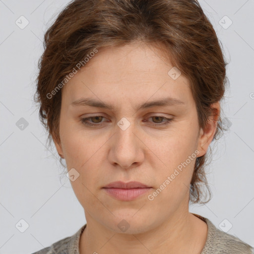 Neutral white young-adult female with short  brown hair and brown eyes