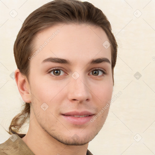 Neutral white young-adult male with short  brown hair and grey eyes