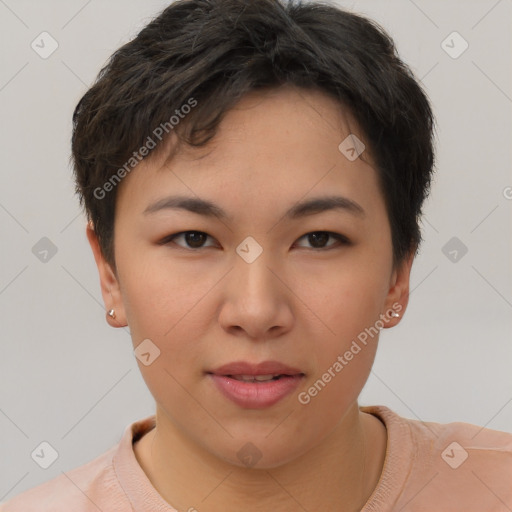 Neutral asian young-adult female with short  brown hair and brown eyes