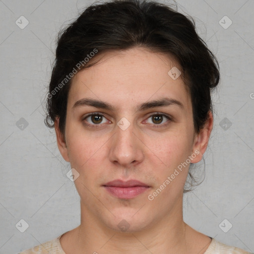 Neutral white young-adult female with short  brown hair and brown eyes