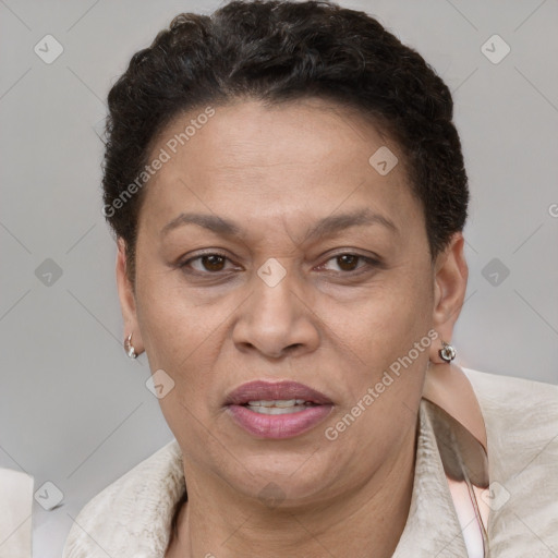 Joyful white adult female with short  brown hair and brown eyes