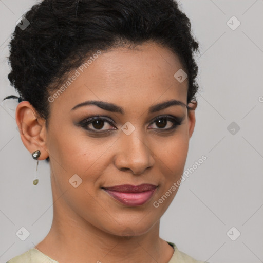 Joyful latino young-adult female with short  brown hair and brown eyes