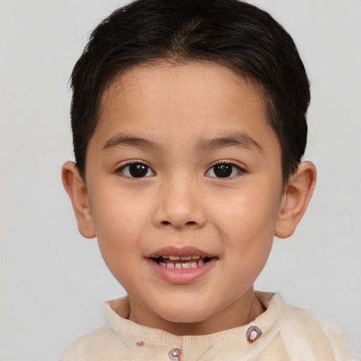 Joyful white child female with short  brown hair and brown eyes