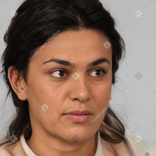 Neutral white young-adult female with medium  brown hair and brown eyes