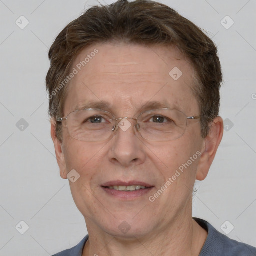 Joyful white middle-aged male with short  brown hair and brown eyes