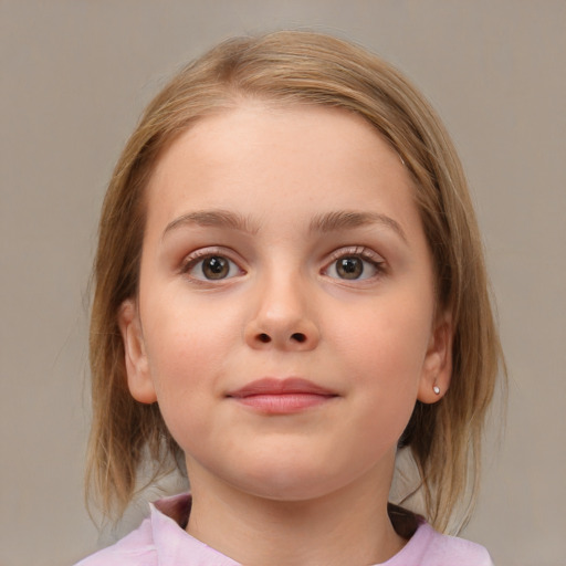 Neutral white child female with medium  brown hair and blue eyes