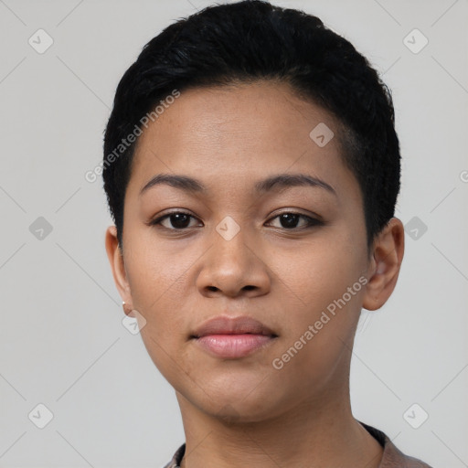 Neutral latino young-adult female with short  black hair and brown eyes