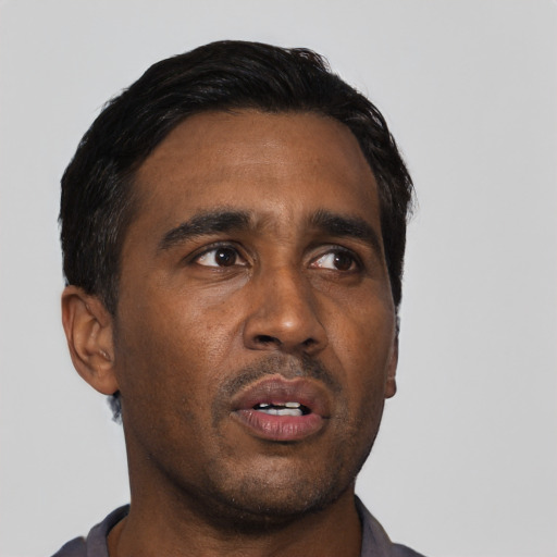 Neutral black adult male with short  black hair and brown eyes