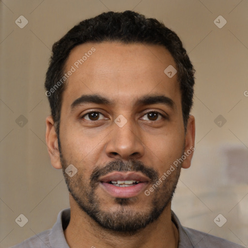 Neutral latino young-adult male with short  black hair and brown eyes