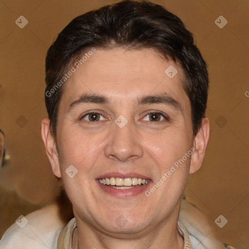 Joyful white adult male with short  brown hair and brown eyes