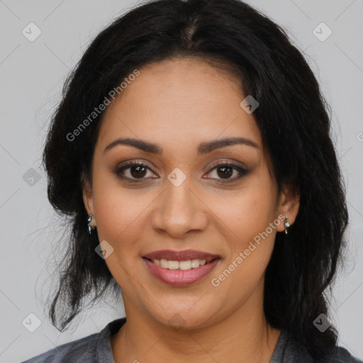 Joyful latino young-adult female with long  brown hair and brown eyes