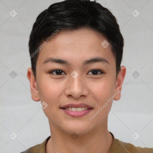 Joyful asian young-adult female with short  brown hair and brown eyes