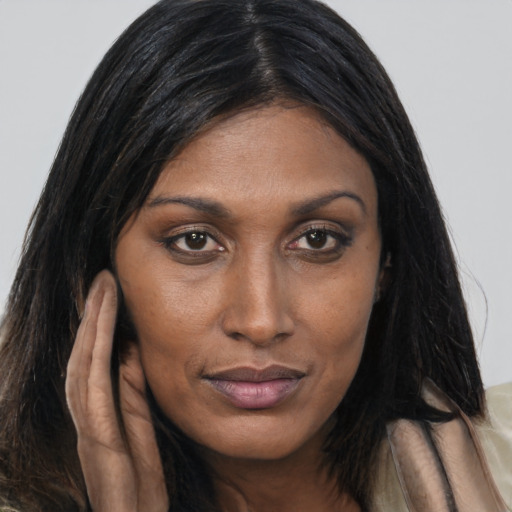 Joyful asian young-adult female with long  brown hair and brown eyes