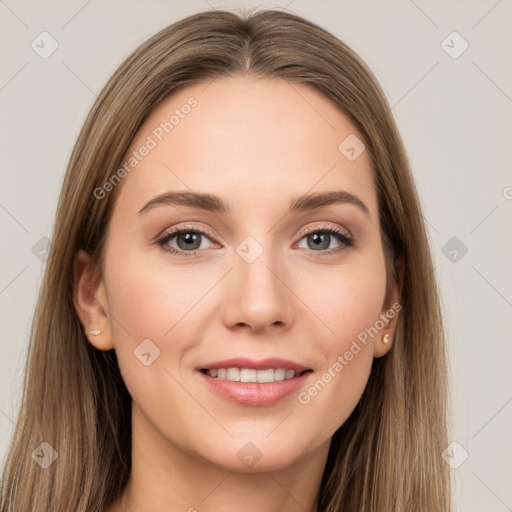 Joyful white young-adult female with long  brown hair and grey eyes