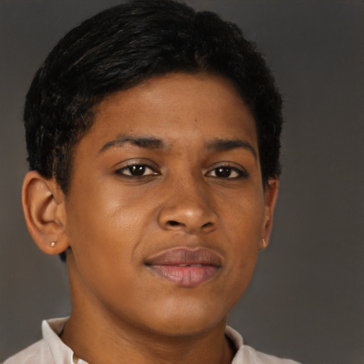 Neutral black young-adult female with short  brown hair and brown eyes